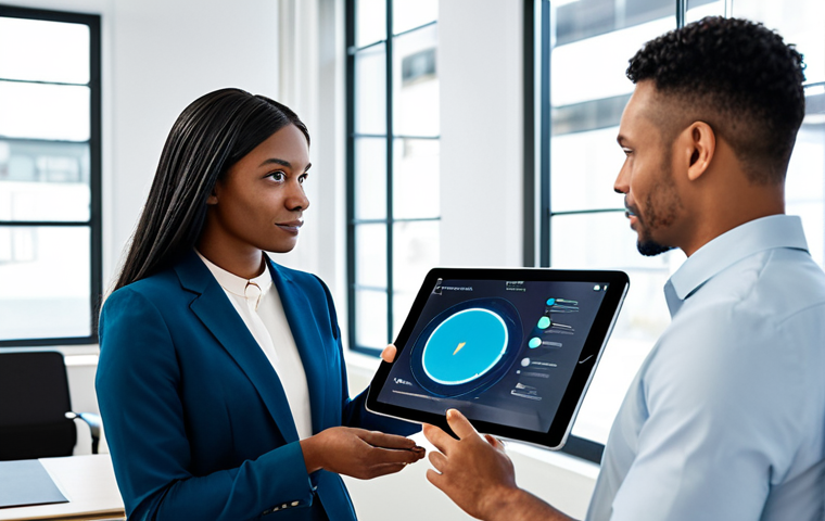 A diverse group of professional adults in a modern, well-lit office environment. One individual is thoughtfully engaging with a sleek digital tablet displaying an AI interface, while nearby, another professional is having a warm, collaborative conversation with a human colleague. All subjects are fully clothed in modest business suits, appropriate attire, professional dress. The scene emphasizes the balance between technological efficiency and genuine human connection. Perfect anatomy, correct proportions, natural pose, well-formed hands, proper finger count, natural body proportions, professional photography, high quality, safe for work, appropriate content, fully clothed, professional, family-friendly.