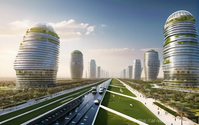 테크노피아와 포스트휴머니즘 - **Prompt:** A sprawling, hyper-futuristic smart city in the heart of a desert landscape, reminiscent...