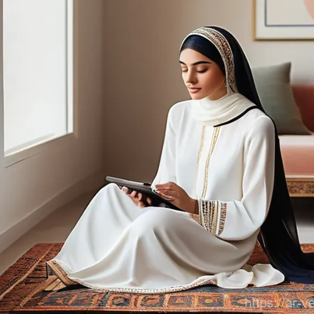 테크노피아에 대한 대중문화의 반응 - **Prompt:** A young Arab woman, gracefully dressed in a stylish modest outfit that blends traditiona...