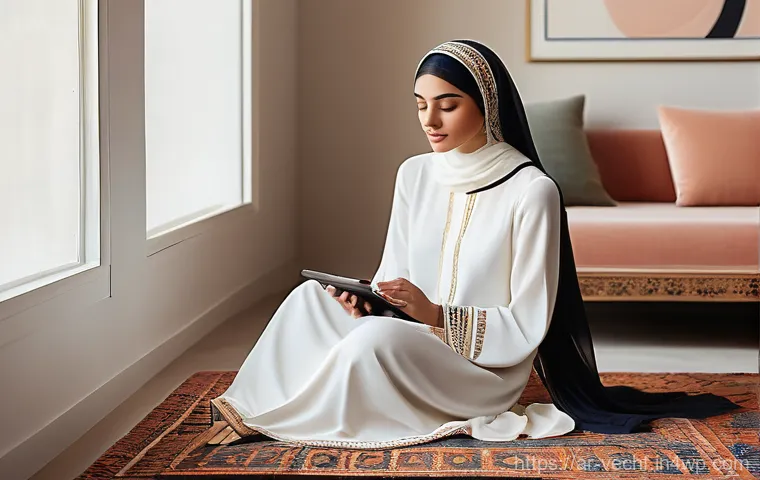 테크노피아에 대한 대중문화의 반응 - **Prompt:** A young Arab woman, gracefully dressed in a stylish modest outfit that blends traditiona...