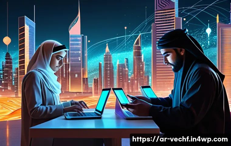 테크노피아 시대에서의 권력 구조 - A detailed digital art scene showing a Middle Eastern urban environment where diverse people engage ...
