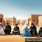 Home 21 테크노피아와 정보의 비대칭성 - A detailed digital illustration of a diverse group of Arab people in a rural Middle Eastern setting,...