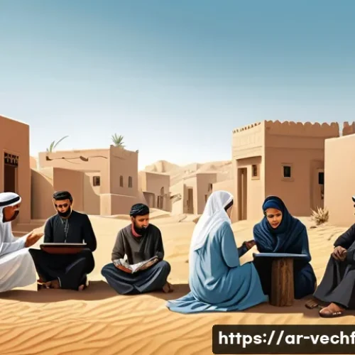 Home 33 테크노피아와 정보의 비대칭성 - A detailed digital illustration of a diverse group of Arab people in a rural Middle Eastern setting,...