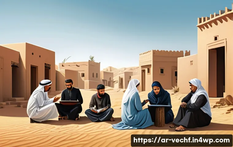 테크노피아와 정보의 비대칭성 - A detailed digital illustration of a diverse group of Arab people in a rural Middle Eastern setting,...