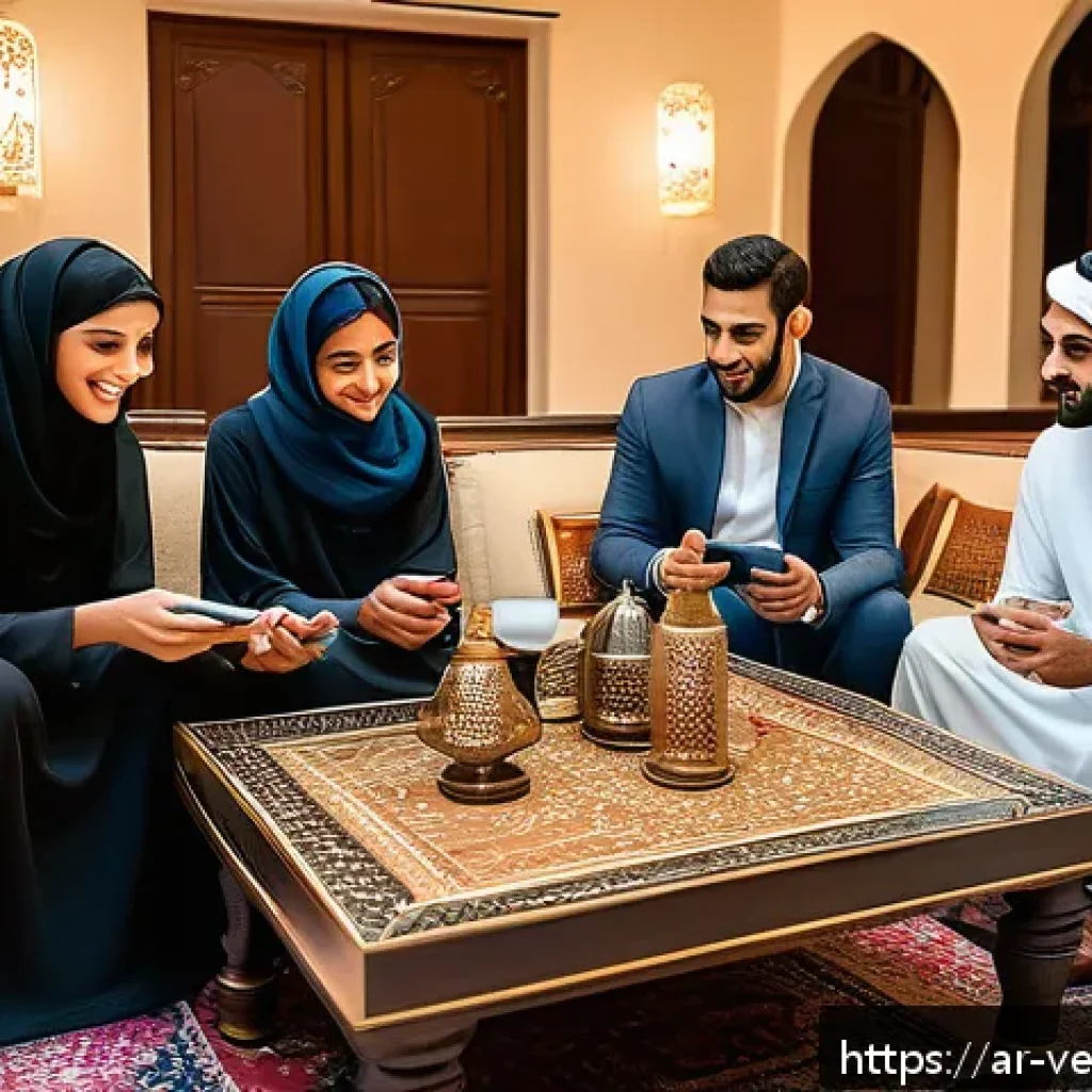 테크노피아의 역설적 현상 분석 - A modern Arab family gathering in a traditional living room, all members wearing modest clothing, ph...