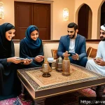 Home 19 테크노피아의 역설적 현상 분석 - A modern Arab family gathering in a traditional living room, all members wearing modest clothing, ph...
