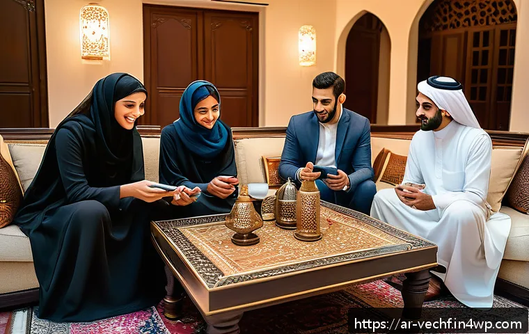 테크노피아의 역설적 현상 분석 - A modern Arab family gathering in a traditional living room, all members wearing modest clothing, ph...