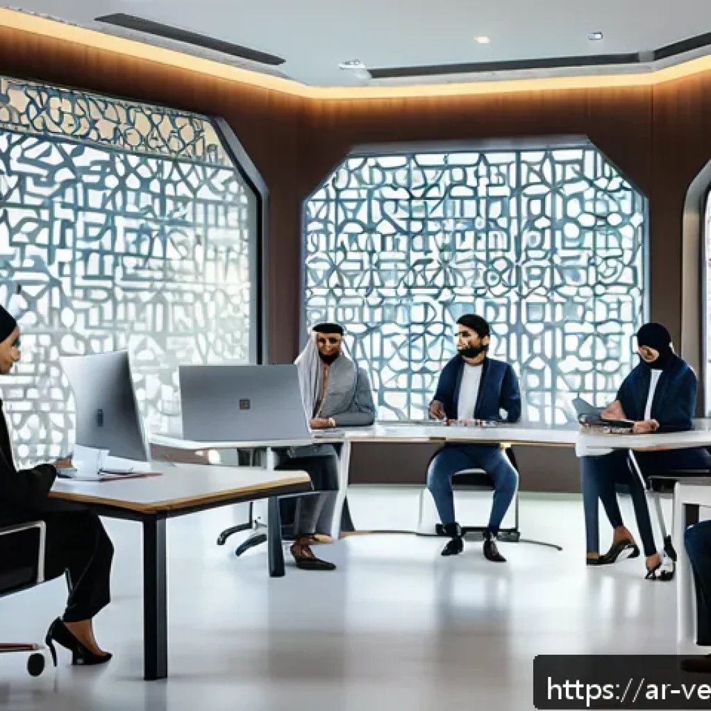 테크노피아 비판에서의 제도적 변화 - A modern Middle Eastern corporate office setting showcasing a diverse team of professionals engaged ...