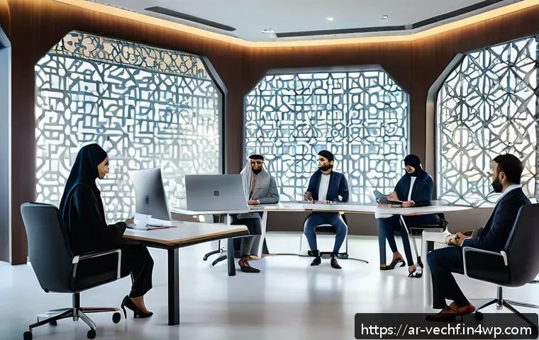 테크노피아 비판에서의 제도적 변화 - A modern Middle Eastern corporate office setting showcasing a diverse team of professionals engaged ...