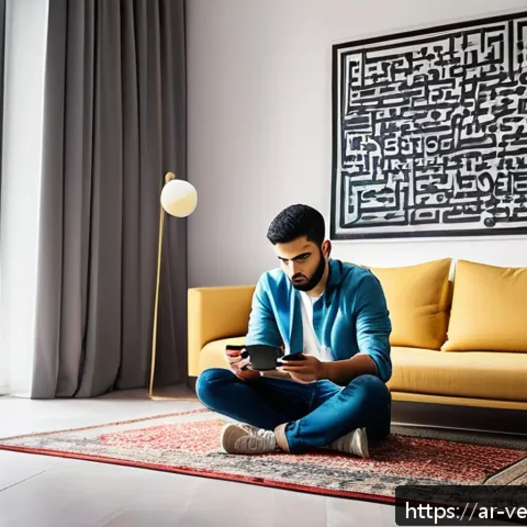 테크노피아의 사회적 불안 요소 - A detailed scene depicting a young Arab man sitting alone in a modern living room, illuminated by th...