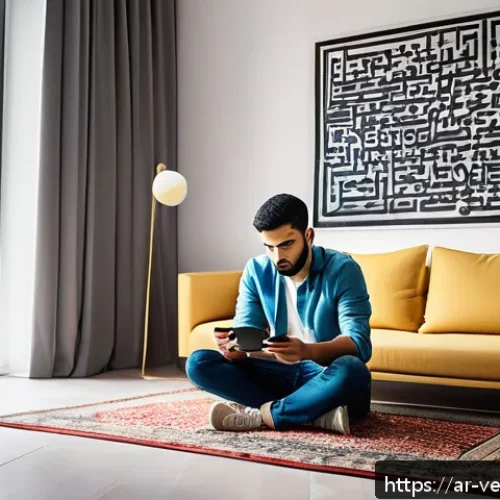 Home 17 테크노피아의 사회적 불안 요소 - A detailed scene depicting a young Arab man sitting alone in a modern living room, illuminated by th...