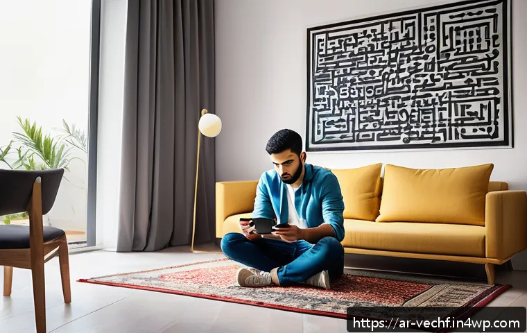 테크노피아의 사회적 불안 요소 - A detailed scene depicting a young Arab man sitting alone in a modern living room, illuminated by th...