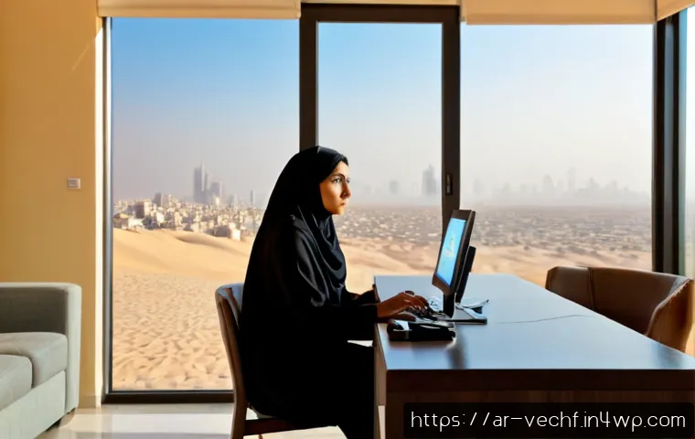 테크노피아 비판의 주요 요소 - Photorealistic editorial scene in a modern Middle Eastern city apartment, a modestly dressed Arab wo...